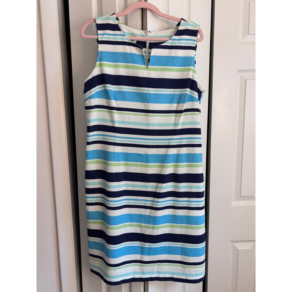 Talbots Piqué Shift Dress Size 14 Blue Stripe Sleeveless Pockets Cotton - Picture 4 of 7